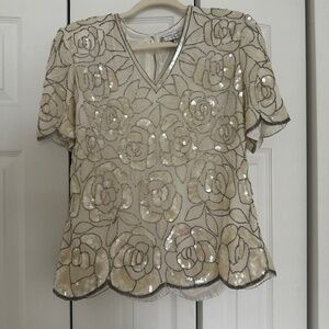 Adrianna Papell Beaded Floral Top | Sequin Evening Blouse | PL